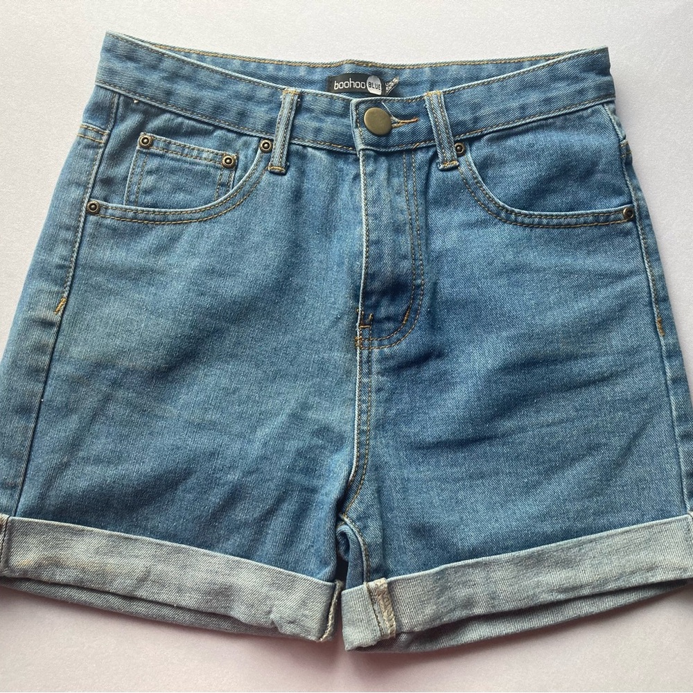 boohoo Blue Denim High-Waist Roll Cuff Women’s Shorts